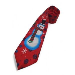 Christmas Snowman Tie Red Holiday Necktie with Snowflakes